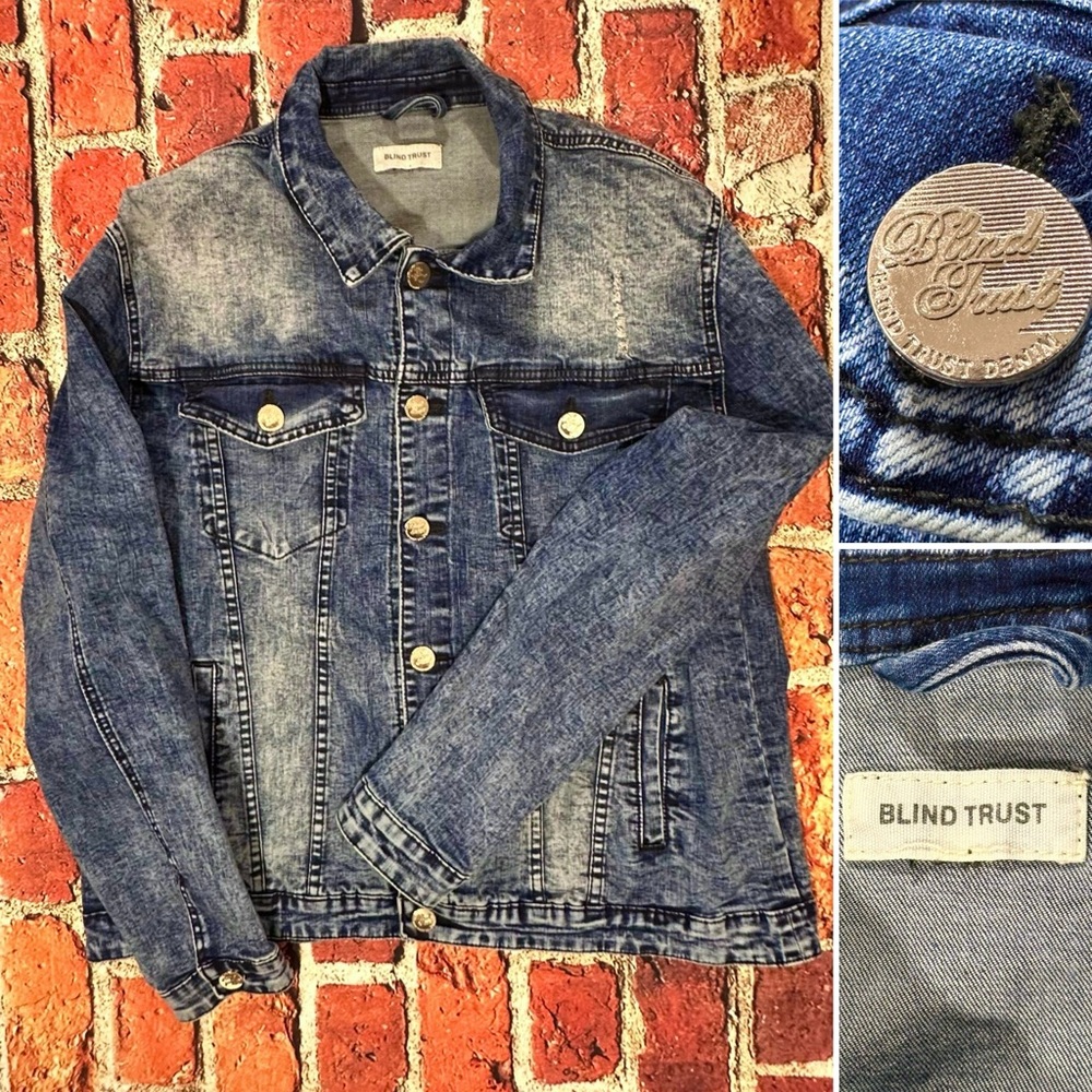 BLIND TRUST DENIM JACKET SIZE XL X-LARGE BLUE JEAN WASHED BUTTON Y2K DISTRESSED
